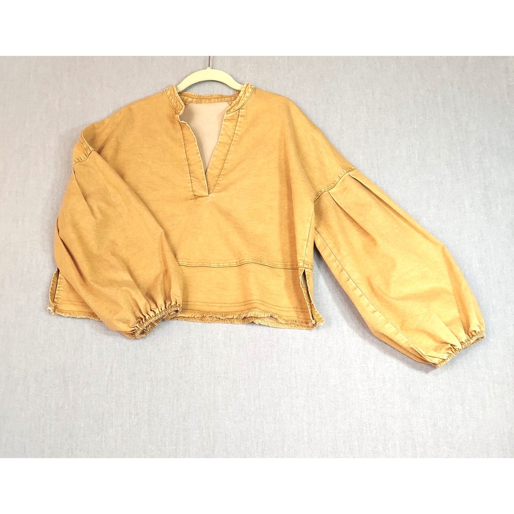 Womens Boho Top‎ L Mustard Yellow Balloon Sleeve Frayed Hem Cowgirl Chic Western